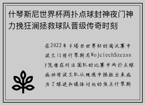 什琴斯尼世界杯两扑点球封神夜门神力挽狂澜拯救球队晋级传奇时刻